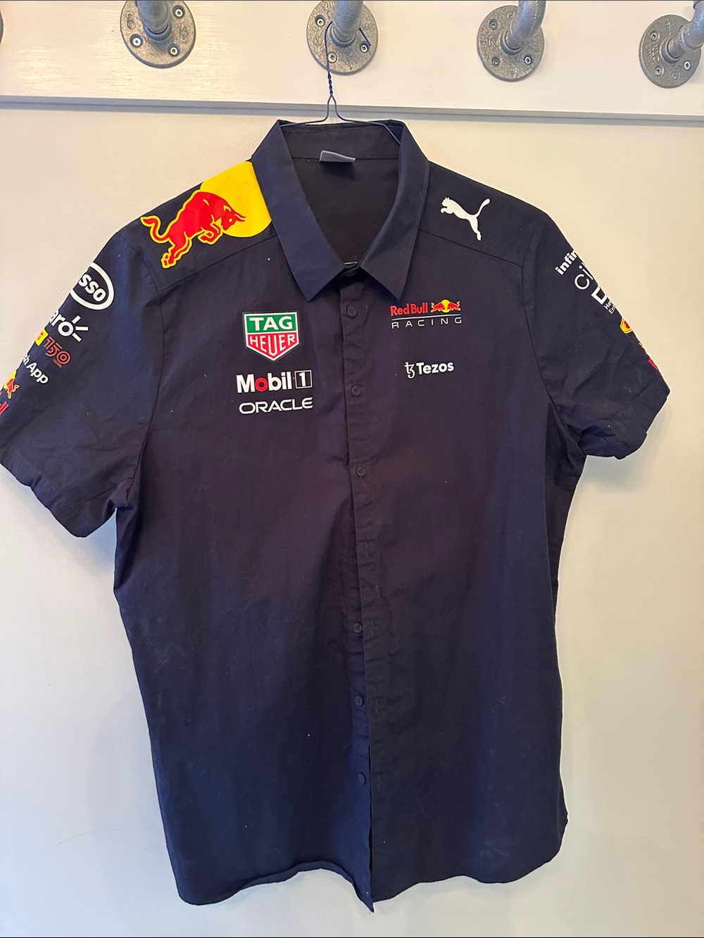 Puma Navy Short Sleeve Racing Button-Up Shirt with Yellow-Red Shoulder